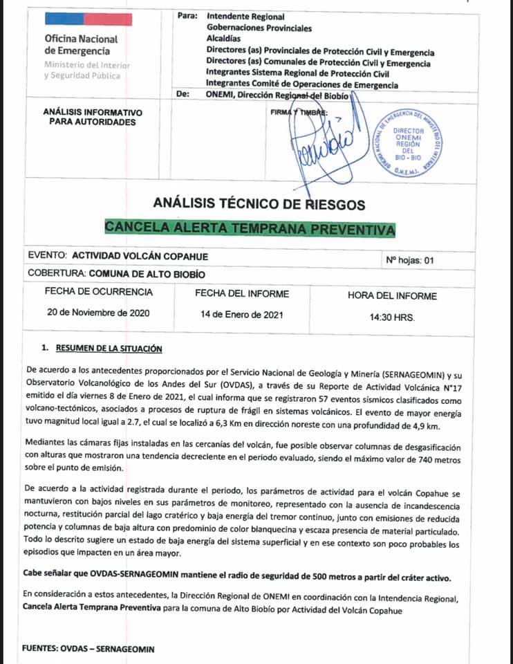 Lee más sobre el artículo Se CANCELA ESTADO DE ALERTA TEMPRANA PREVENTIVA VOLCÁN COPAHUE