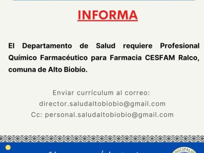Se busca profesional químico farmacéutico para farmacia del Cesfam Ralco