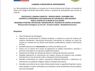 Llamado a presentar antecedentes para el Cargo de Psicóloga/o del Centro de la Mujer de Alto Biobío