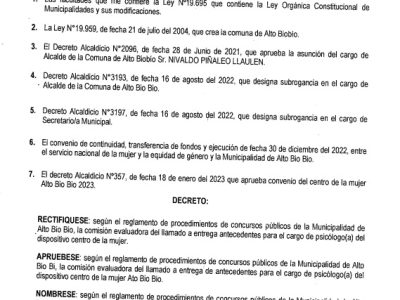 DECRETO RECTIFICA COMISIÓN EVALUADORA PARA PROVEER CARGO SICÓLOGO/A PARA CENTRO DE LA MUJER ALTO BIOBÍO