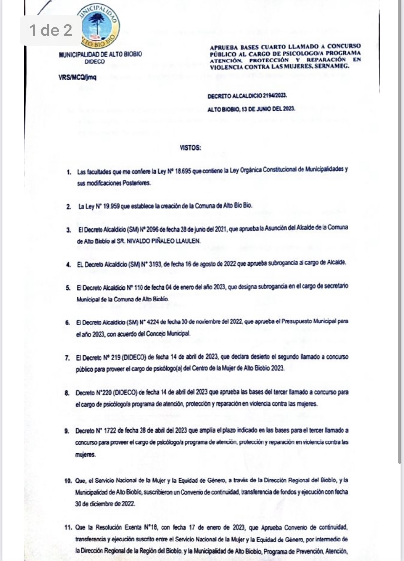 Decreto y Bases del Concurso público para proveer el cargo de Psicóloga para el Centro de la Mujer de Alto Biobío