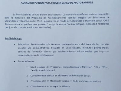 CONCURSO PÚBLICO PARA PROVEER CARGO DE APOYO FAMILIAR