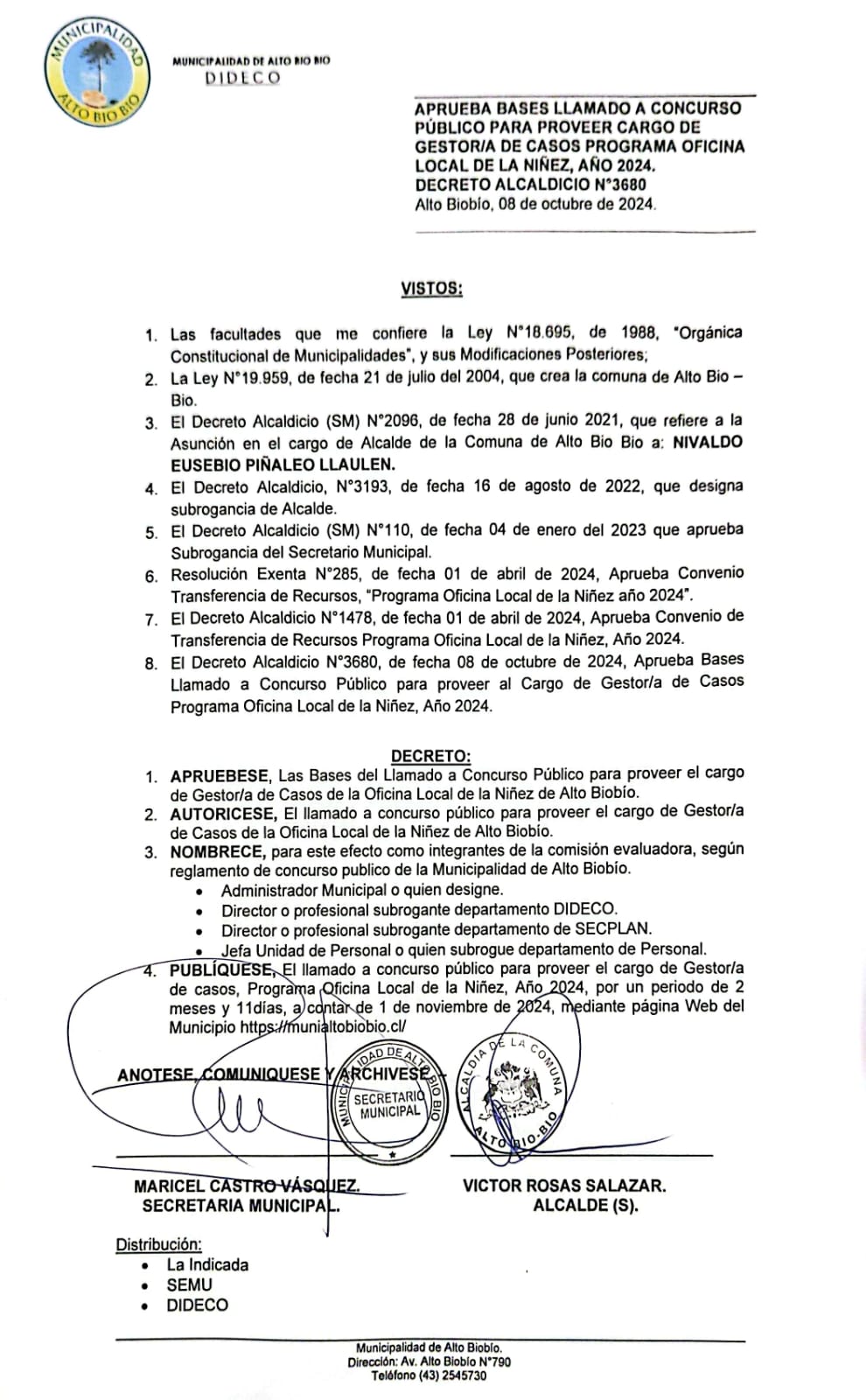 Bases de Concurso Público para Proveer al Cargo de Gestor/a de Casos de la Oficina Local de la Niñez de Alto Biobío