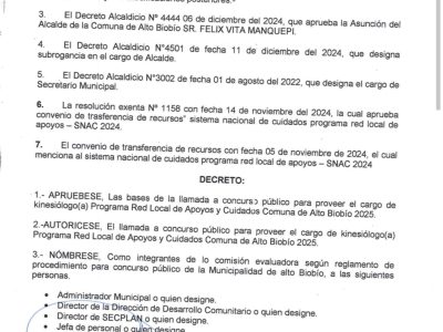 Llamado a concurso público kinesiólogo programa PRLAC Alto Biobío año 2025.